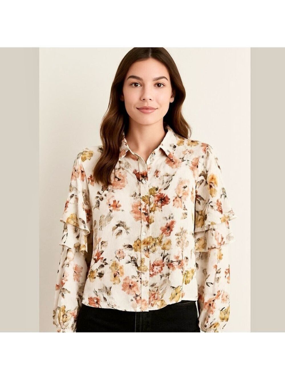 Part Two Klennie Ruffle Long Sleeve Floral Button Front Flowy Blouse, size 40/10